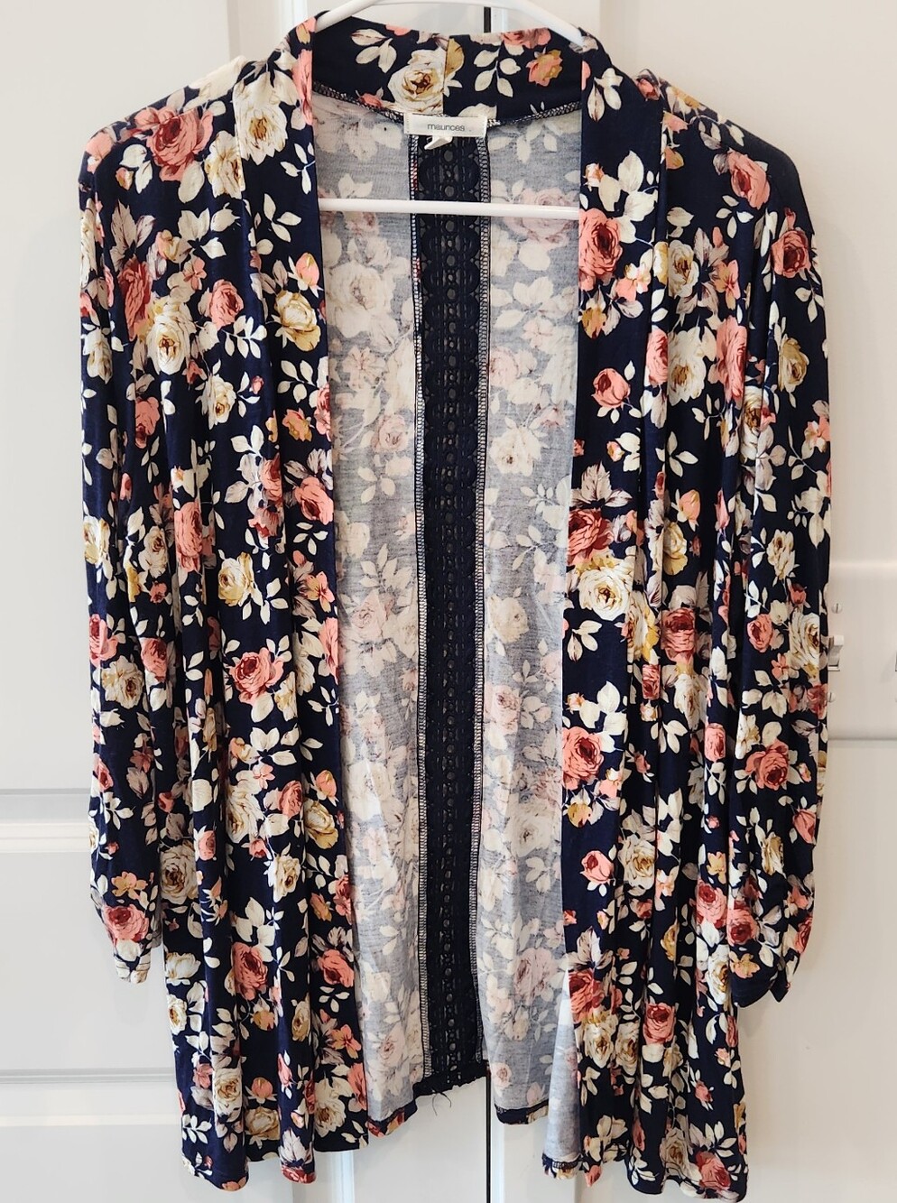 Maurices Navy Floral Lace-Trim Kimono